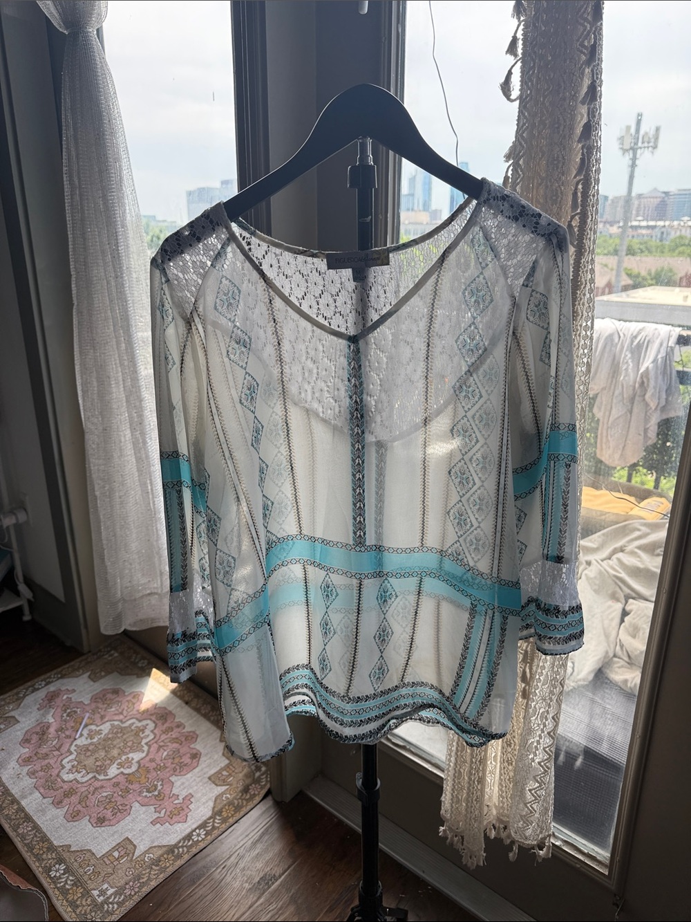 Sheer White Blouse with Turquoise Stripe Detail
